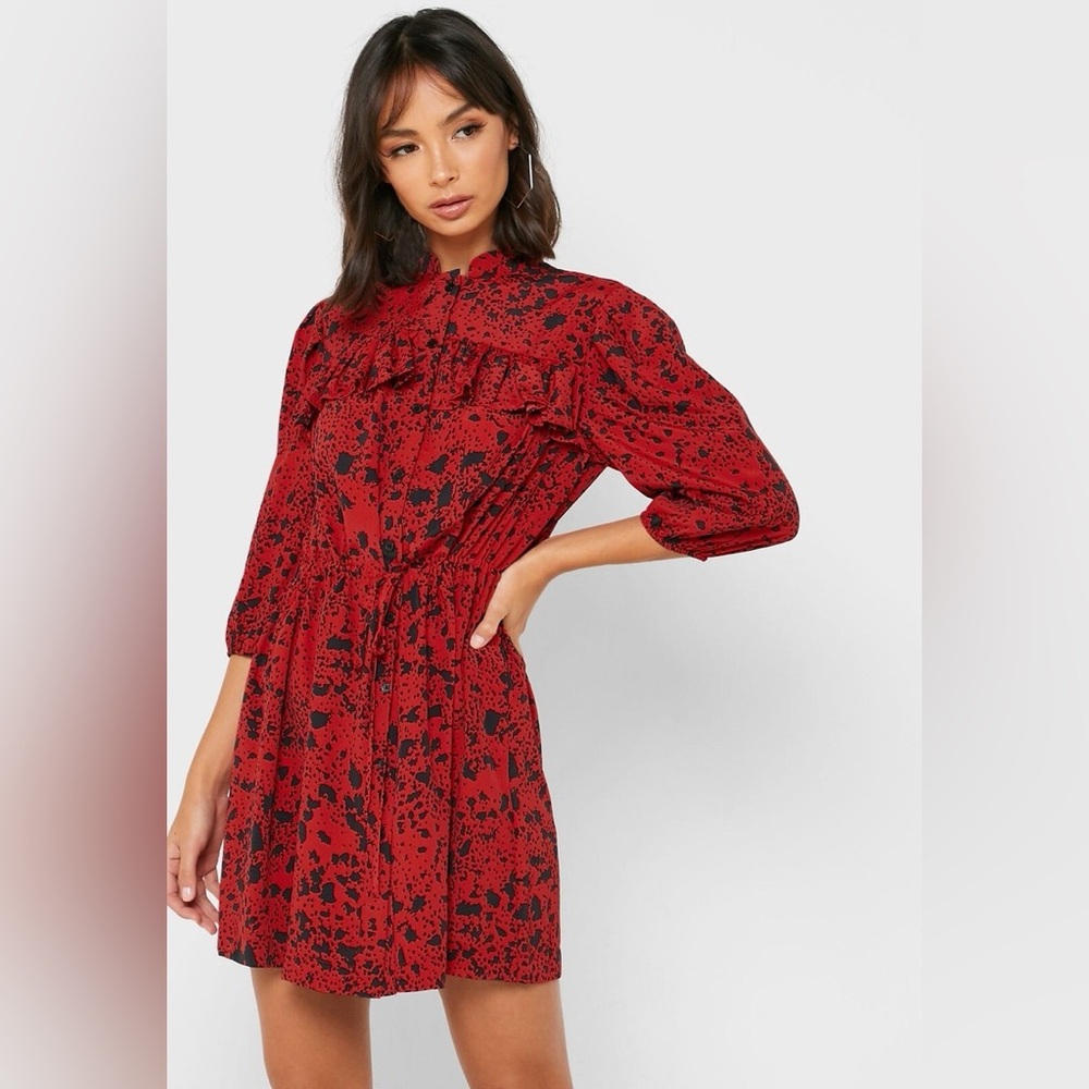 NWT Topshop Splatter Print Button Up Tie Waist Ruffle Shirt Mini Dress Red Sz 6